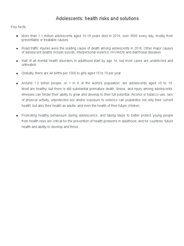 Adolescents: Health Risks and Solutions: Key Facts | PDF