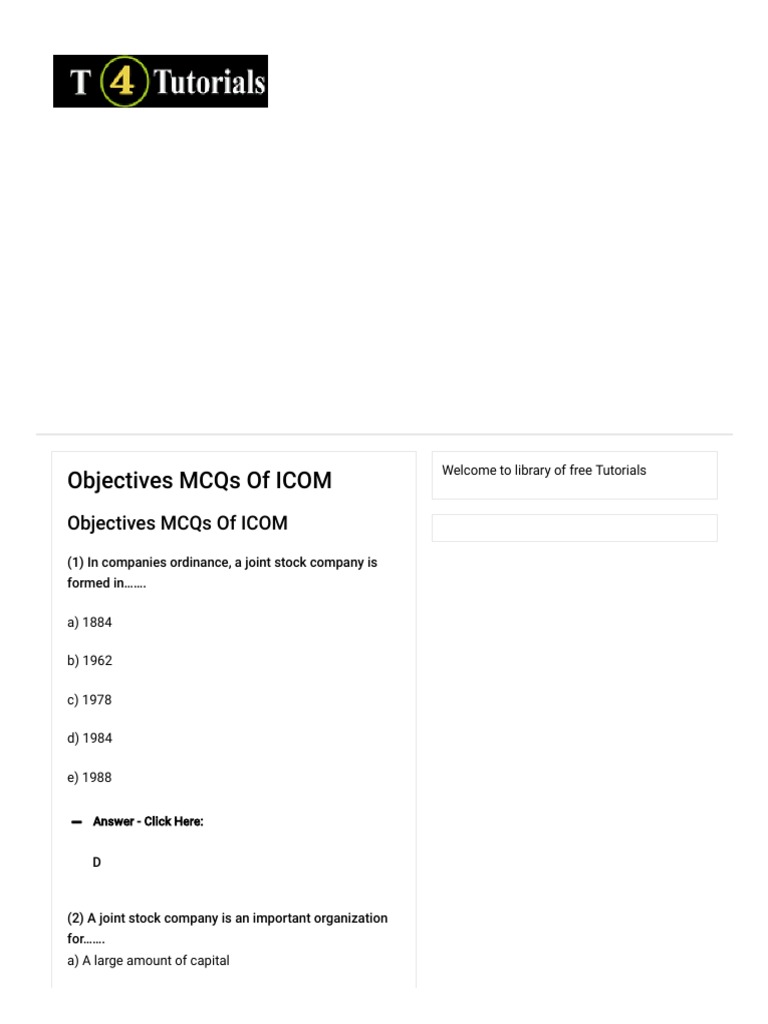 ICOM Objectives MCQs for Students | PDF | Companies | Private Law