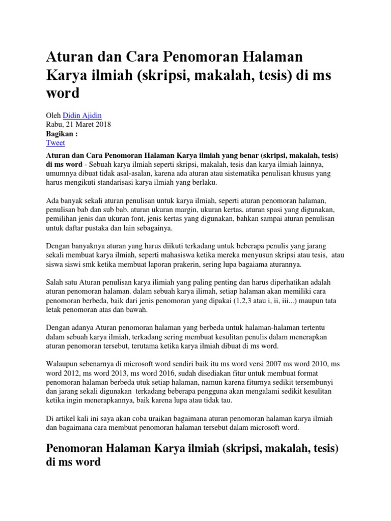 Aturan Dan Cara Penomoran Halaman Karya Ilmiah Skripsi Makalah Tesis Di Ms Word