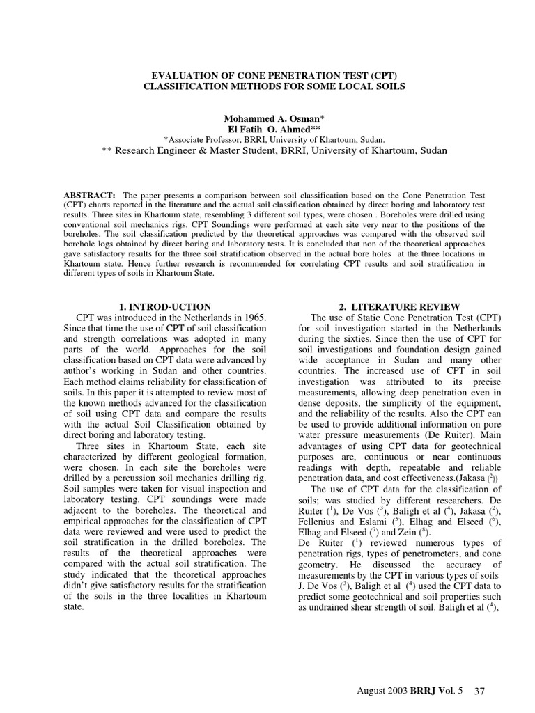 Evaluation of Cone Penetration Test (CPT) PDF | PDF | Silt | Borehole