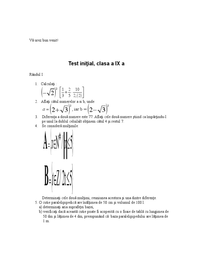 Mate - Info.ro.248 Test Initial, Clasa A IXa | PDF
