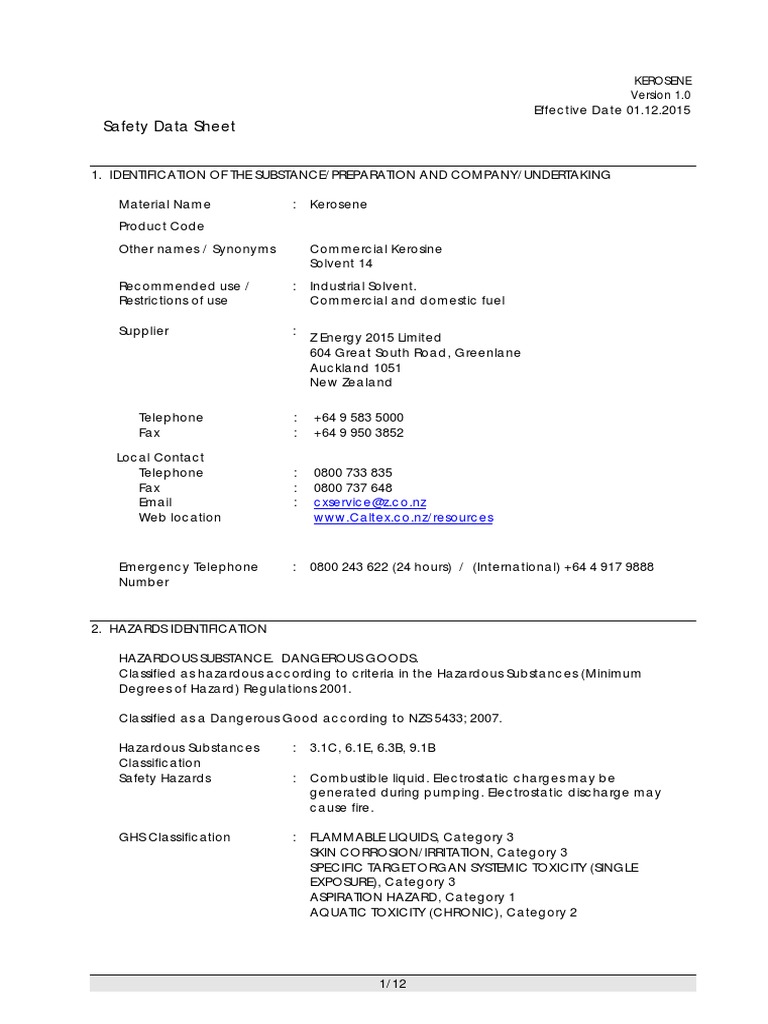 Safety Data Sheet for Kerosene Version 1.0 Effective Date 01.12.2015