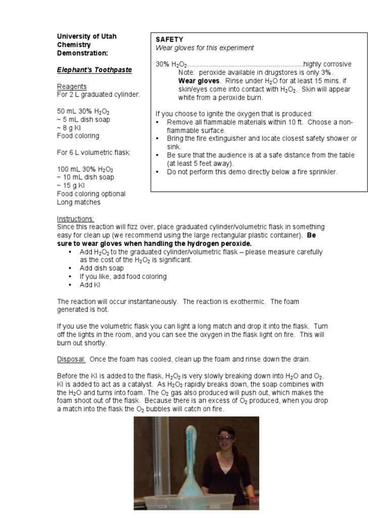 Elephant's Toothpaste Chemistry Demo | PDF | Hydrogen Peroxide | Fires