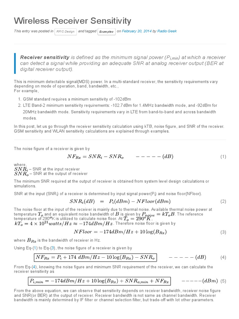 Wireless Receiver Sensitivity PDF Signal To Noise Ratio