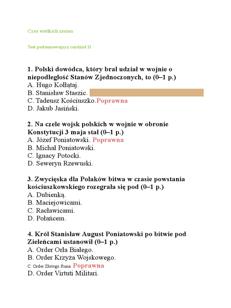 Sprawdzian Z Historii Z Działu Powstaje Niepodległa Polska
