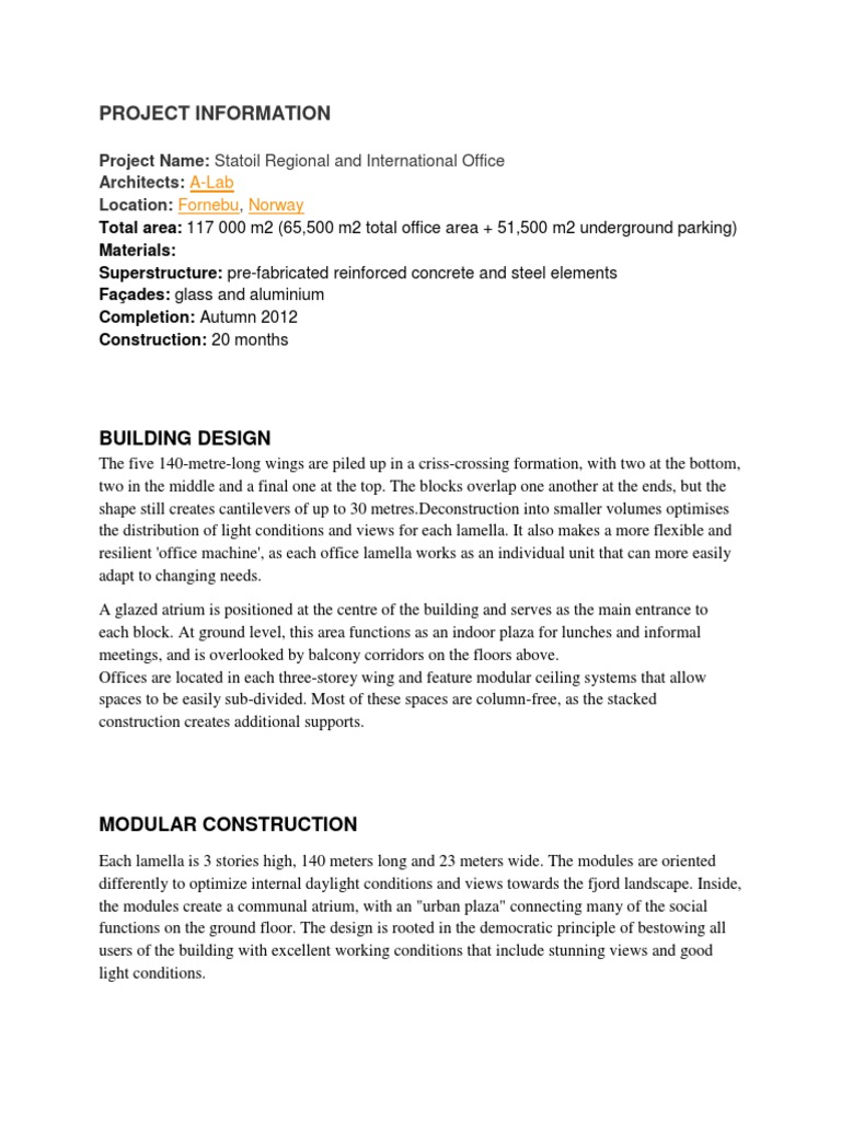 Case Study - Statoil Office, Norway | PDF | Building Technology ...