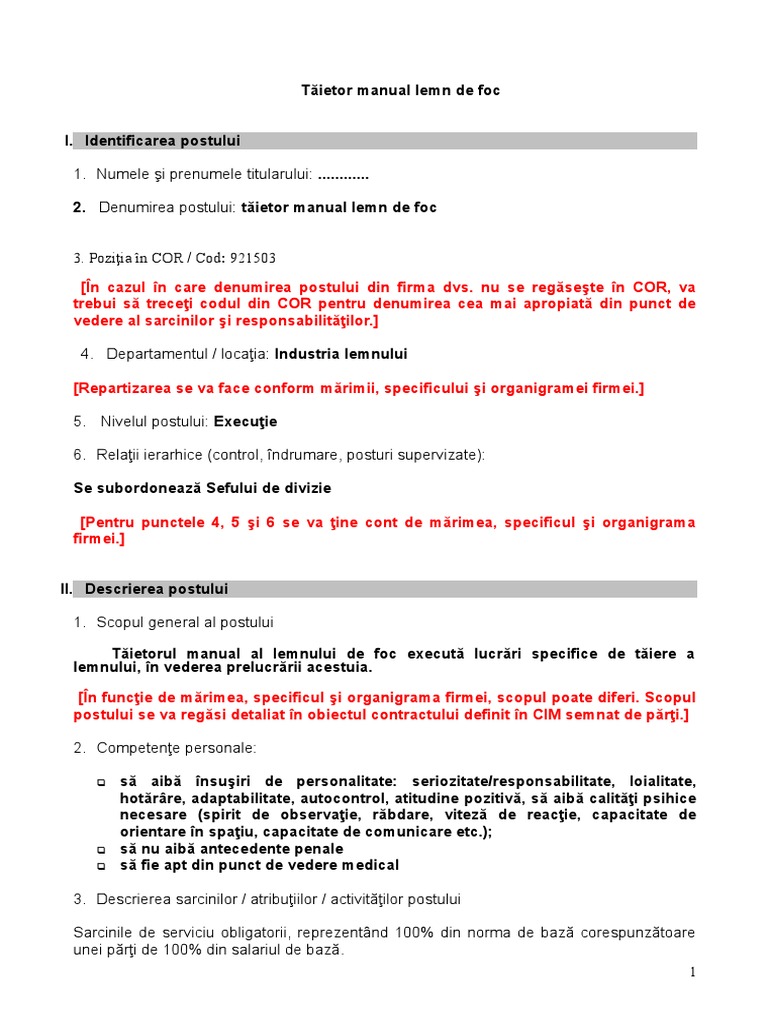 Fisa Postului Pentru Taietor Manual Lemn De Foc Doc