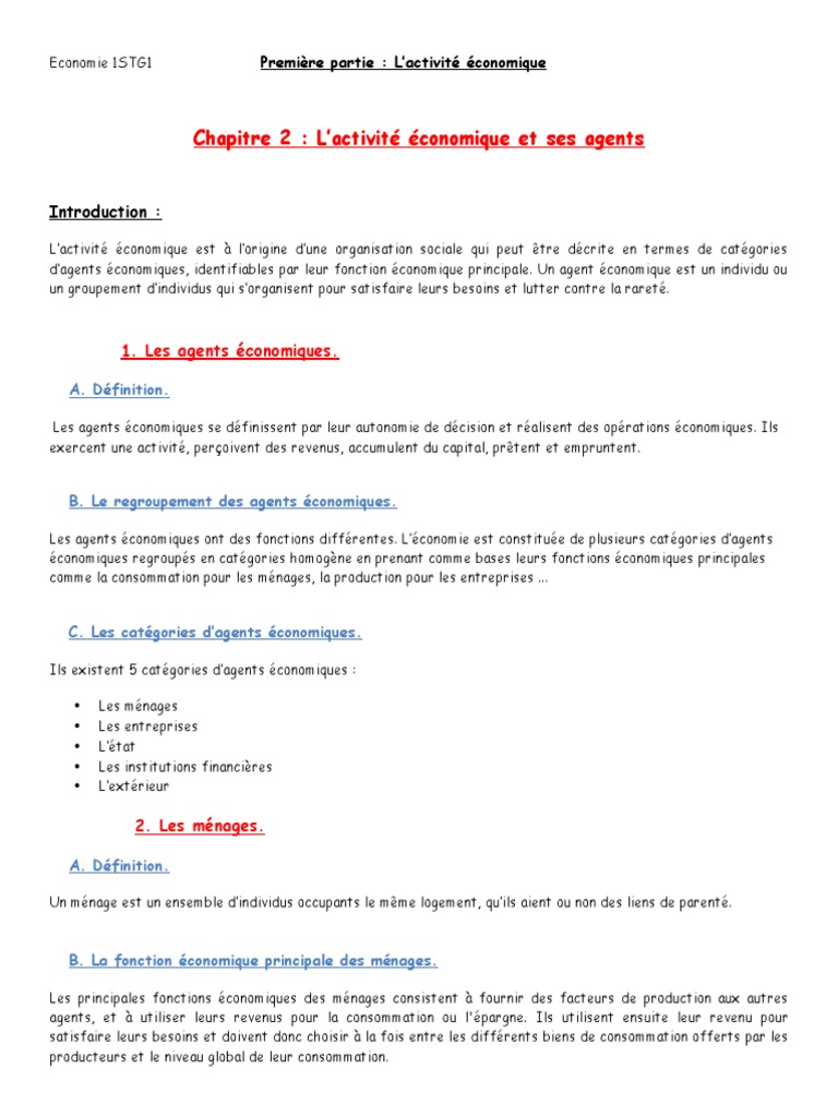 Definition D Un Menage En Economie Chapitre 2: L'activité Économique Et Ses Agents | PDF | Consommation ( Économie) | Revenus