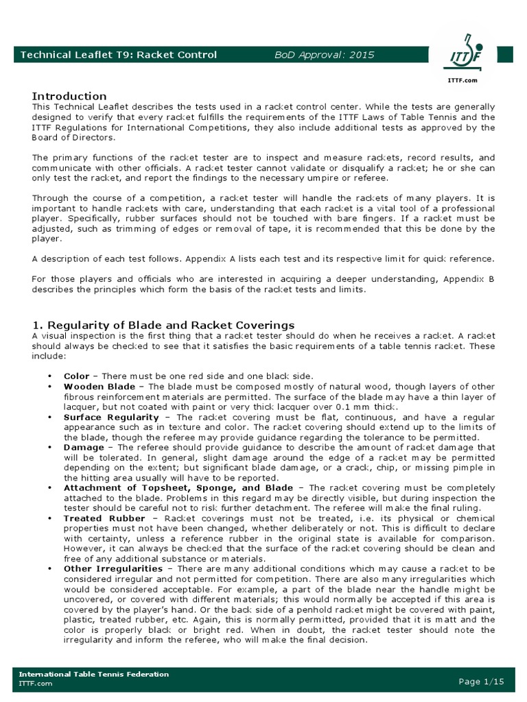 ITTF Racket Control Procedure PDF Volatile Organic Compound Table