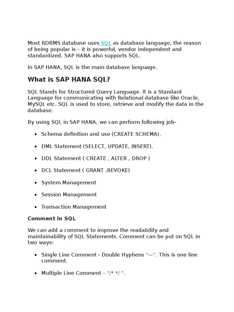 What Is Sap Hana SQL? | PDF