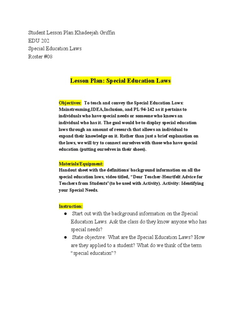 Lesson Plan Special Education Laws PDF Special Education