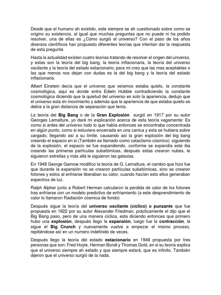 Teorías sobre el origen del universo | PDF | Big Bang | Universo