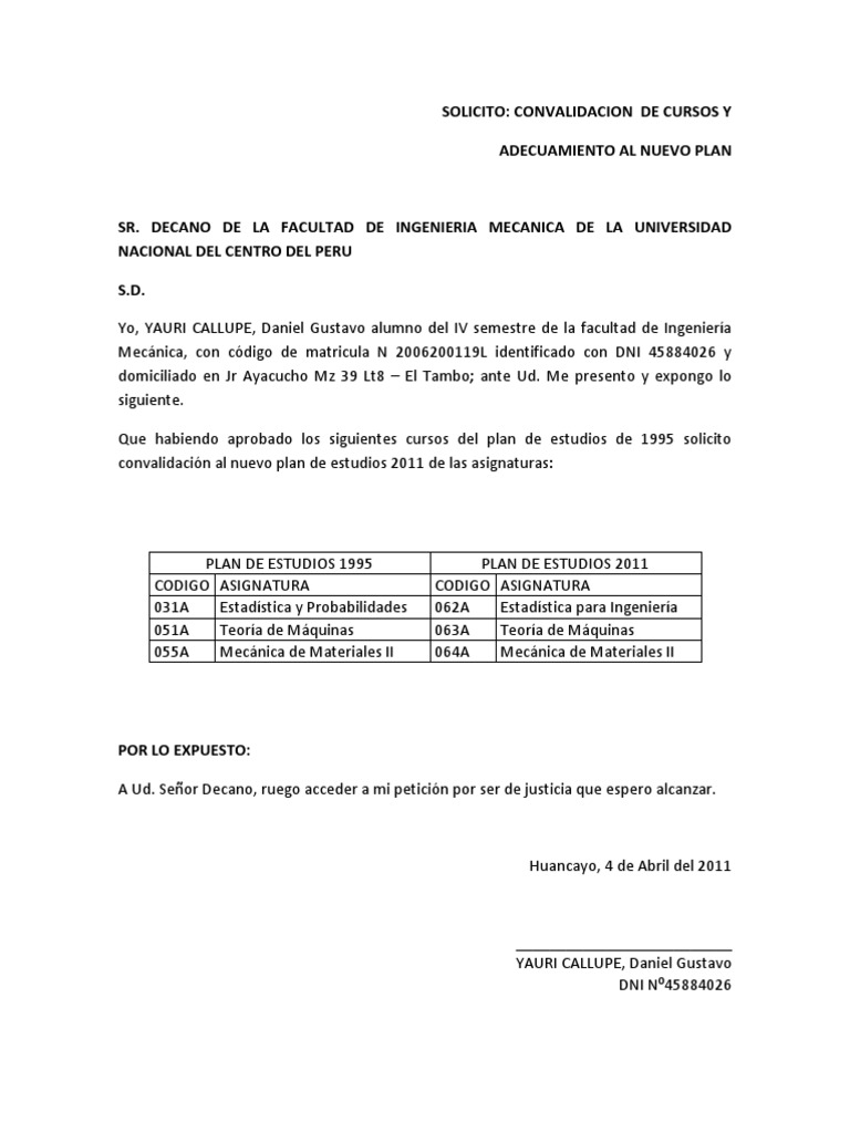 Solicitud De Convalidacion De Cursos Investigacion Ingenieria Mecanica