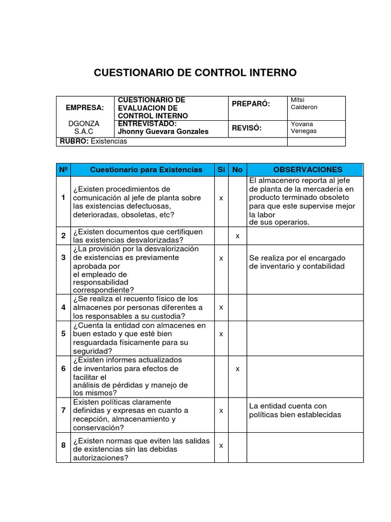 Cuestionario de Control Interno 2019 | Auditoría | Contabilidad