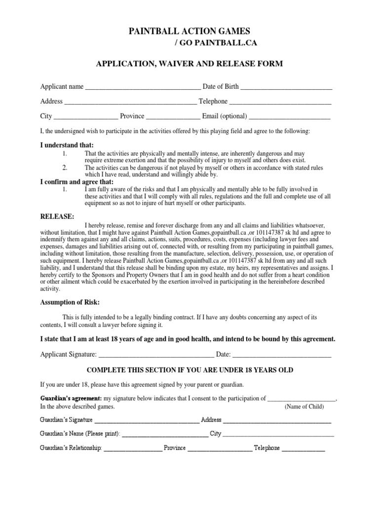 Application, Waiver and Release Form Paintball Action Games Download