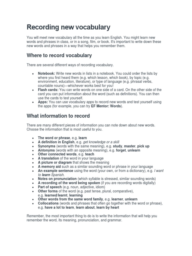 Recording New Vocabulary Where To Record Vocabulary PDF