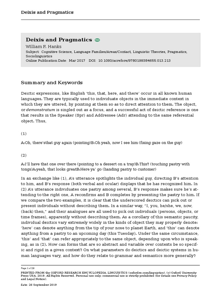 Hanks W F Deixis And Pragmatics Perception Semantics