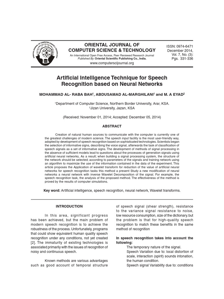 Vol7no3 331-336 PDF | PDF | Speech Recognition | Artificial Neural Network