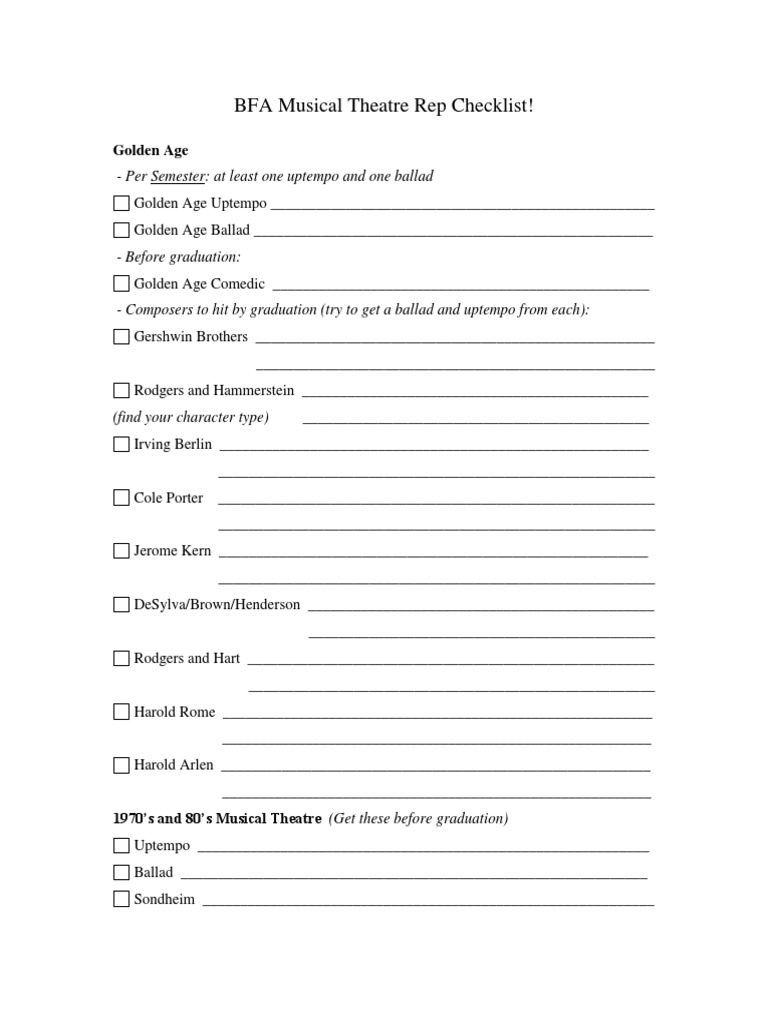 BFA Musical Theatre Rep Checklist | PDF | Musical Theatre | Musical ...