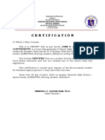 Certification for John V. Justol from Quezon National High School