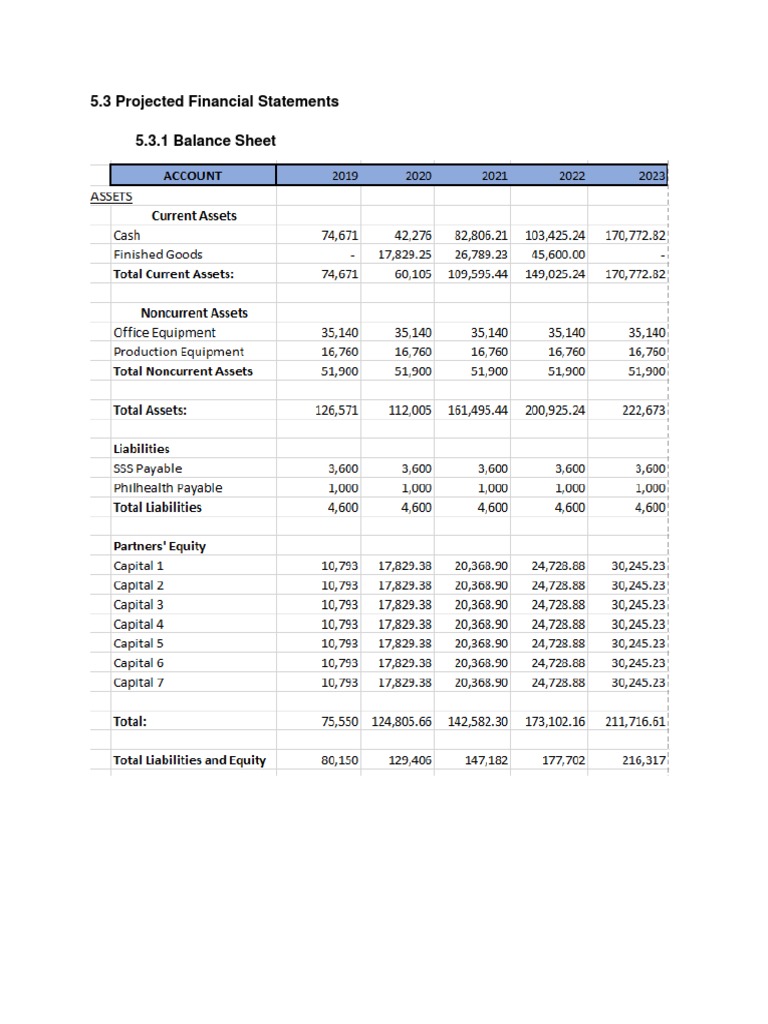 5.3 Projected Financial Statements 5.3.1 Balance Sheet | PDF