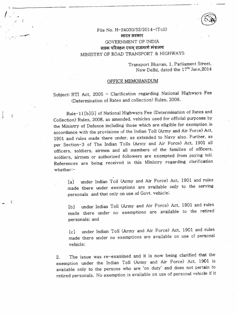 Toll2014.06.17Clarification For Exemption To Defence Personnel OM