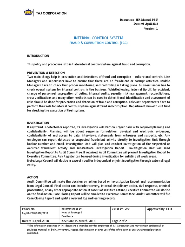 Taj Corporation Fraud Control Manual | PDF | Internal Control | Audit ...