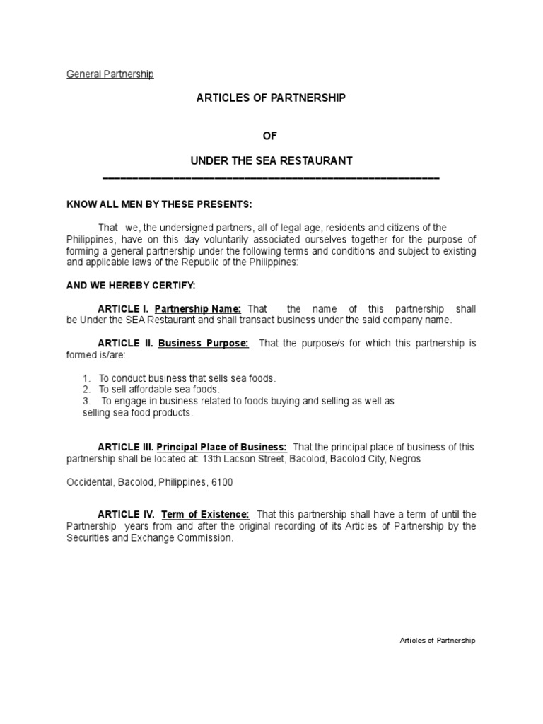 Articles of Partnership For General Partnerships PDF Business