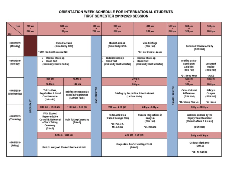 Orientation Week Schedule For International Students First Semester ...