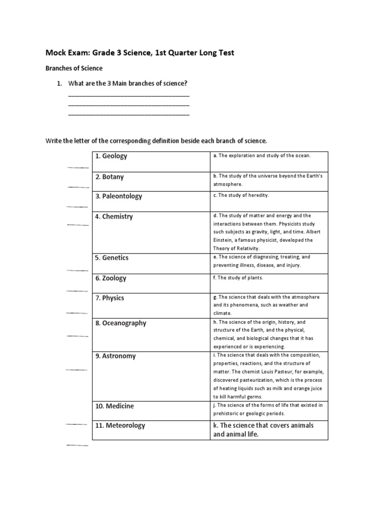Mock Exam Grade 3 Science 1st Quarter Long Test Pdf Oceanography