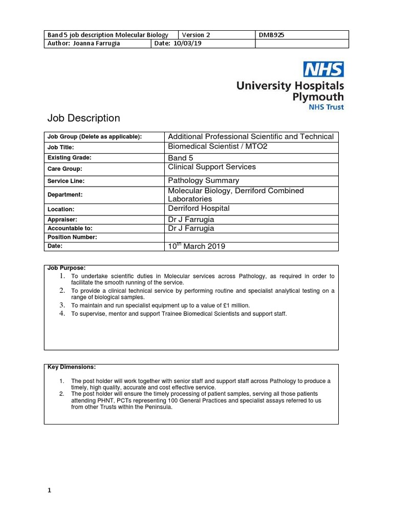 Molecular Biology Band 5 Job Description 10.3.19 PDF Pathology