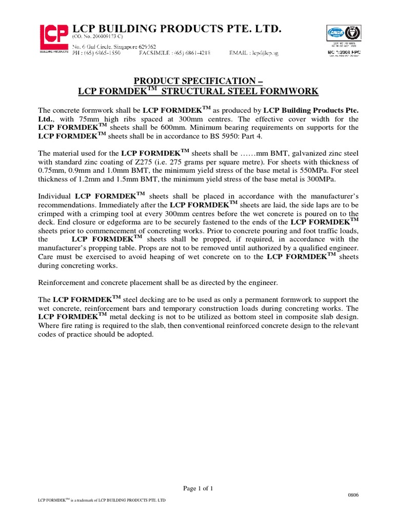 LCP FORMDEKTM Steel Formwork Specs | PDF | Home & Garden | Computers