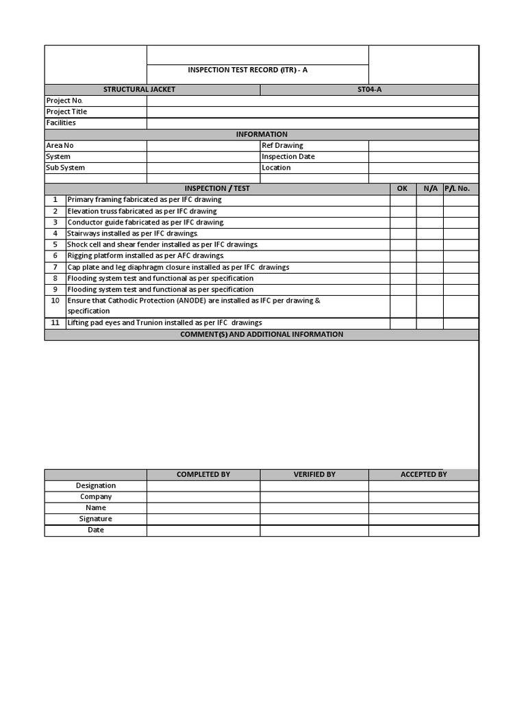 Inspection Test Record (Itr) - A Structural Jacket ST04-A | PDF ...