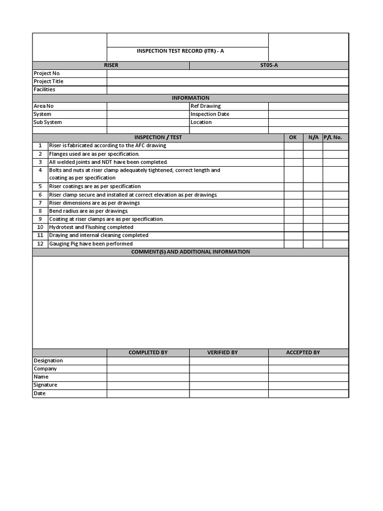 Inspection Test Record (Itr) - A Riser ST05-A | PDF | Technology ...