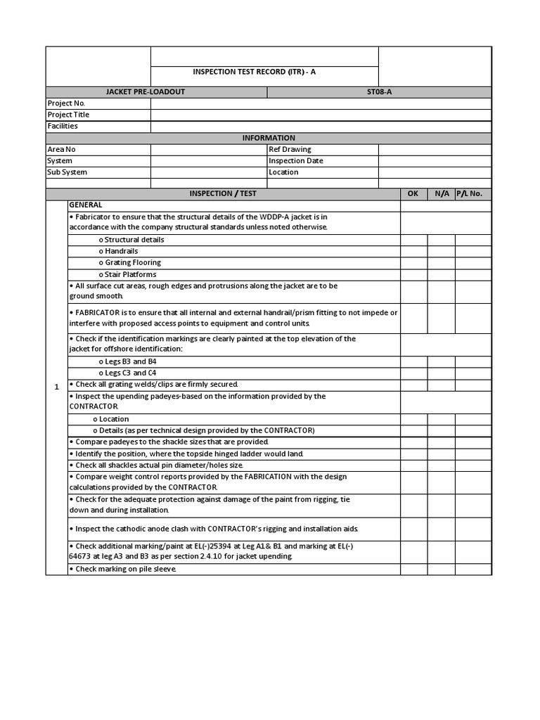 Jacket Pre-Loadout Inspection Record | PDF | Technology & Engineering