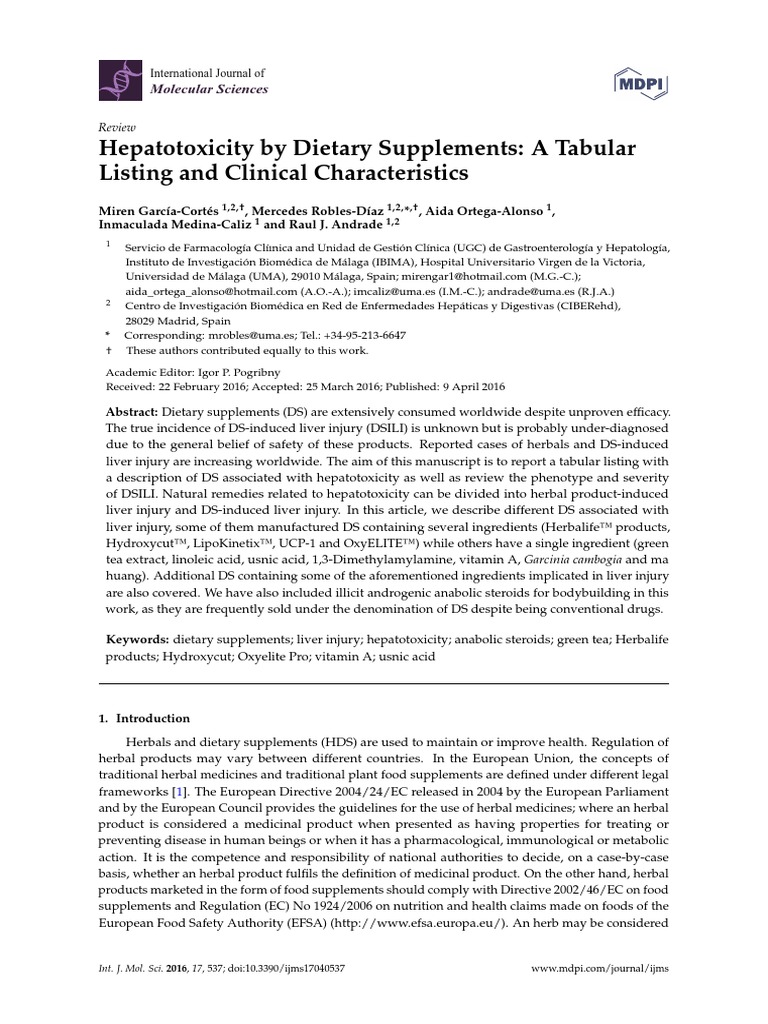 Hepatotoxicity by Dietary Supplements A Tabular Listing and Clinical