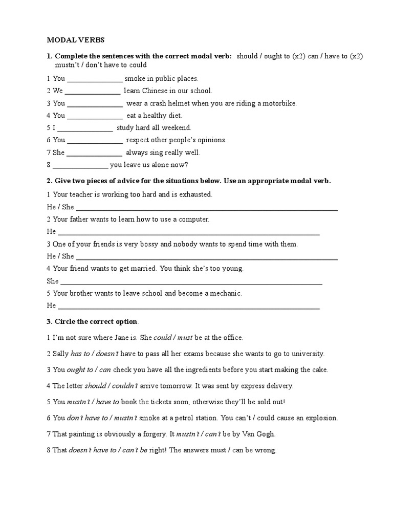 Varied Modal Verbs Exercises Pdf