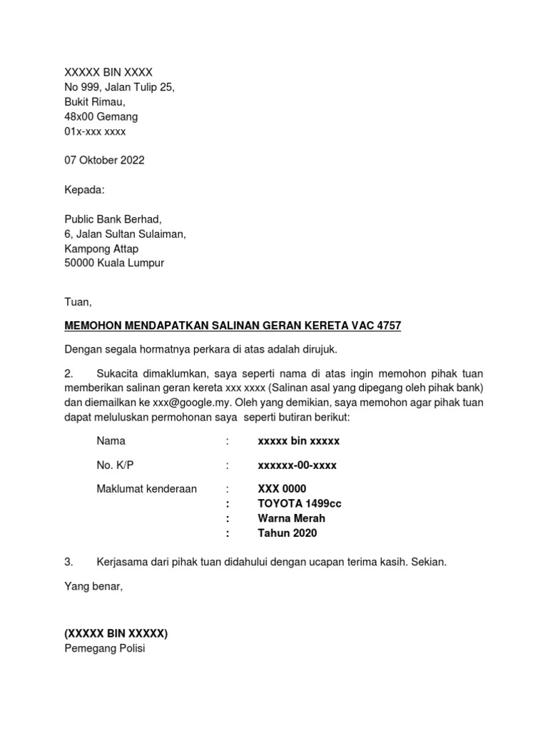Surat Mohon Salinan Geran Kereta