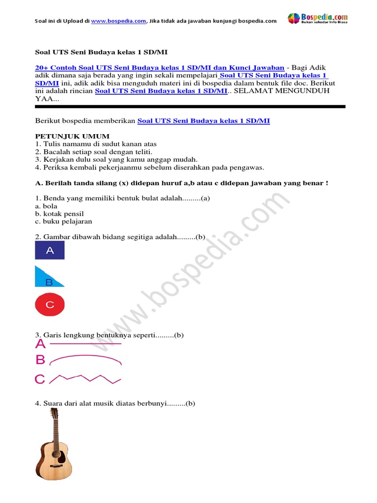 20+ Contoh Soal UTS Seni Budaya Kelas 1 SD MI Dan Kunci Jawaban PDF