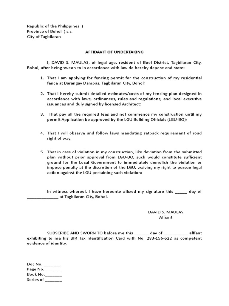 Affidavit of Undertaking Setback