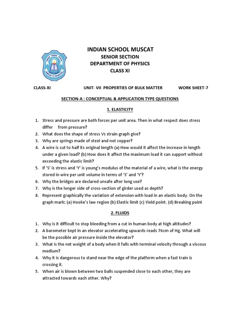 Class Xi Physics Properties of Bulk Matter Worksheet 7 PDF