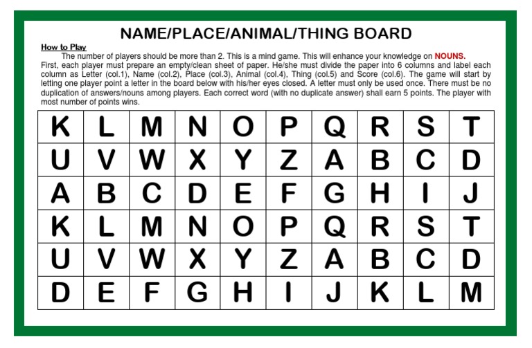 Name Place Animal Thing Game | PDF