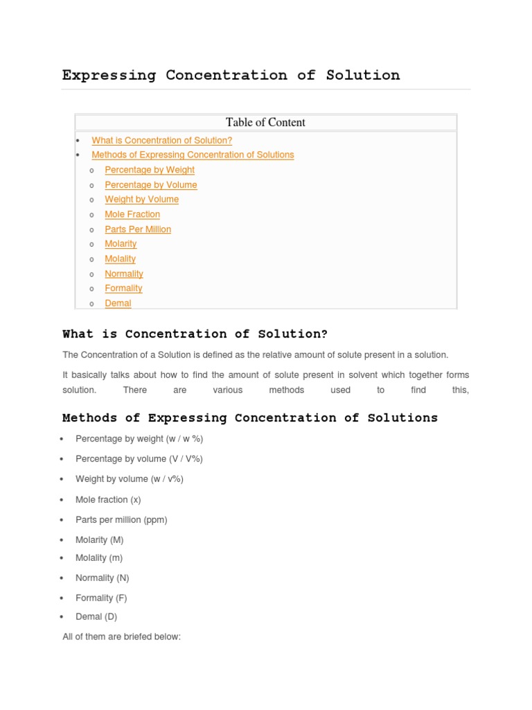 Expressing Concentration of Solution | PDF | Concentration | Mass ...