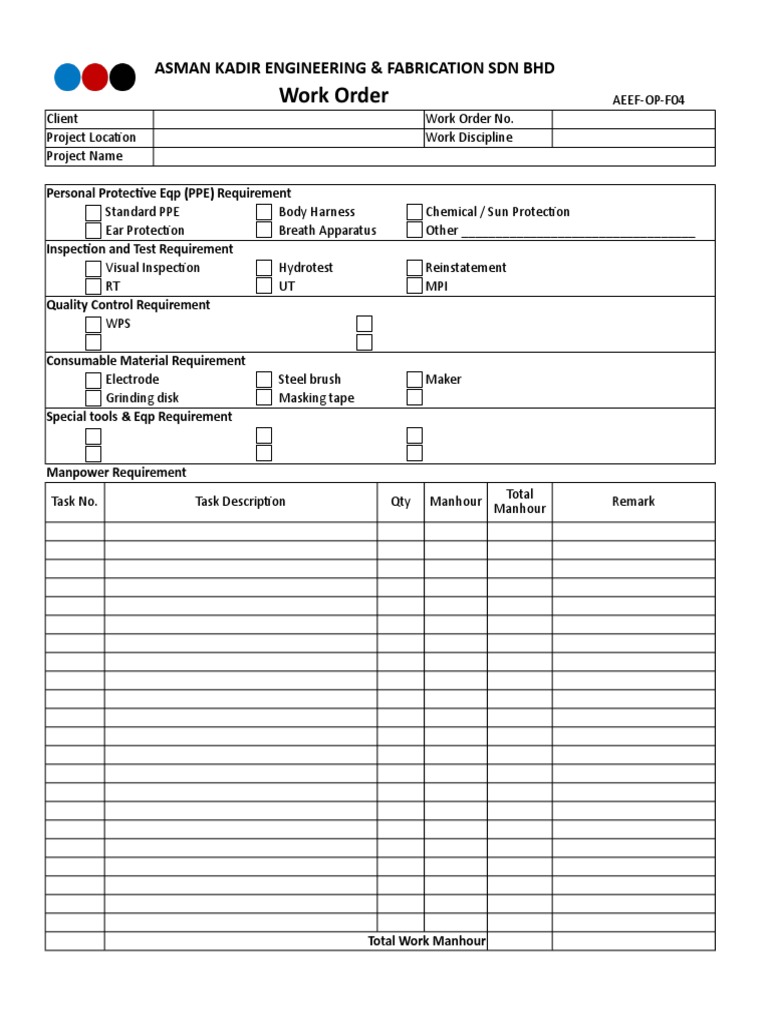 Work Order: Asman Kadir Engineering & Fabrication Sdn Bhd