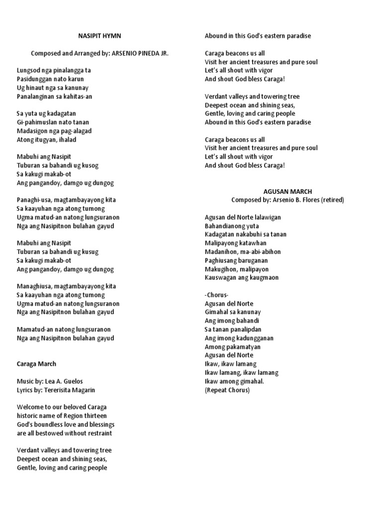 Nasipit Hymn & Caraga March Lyrics PDF