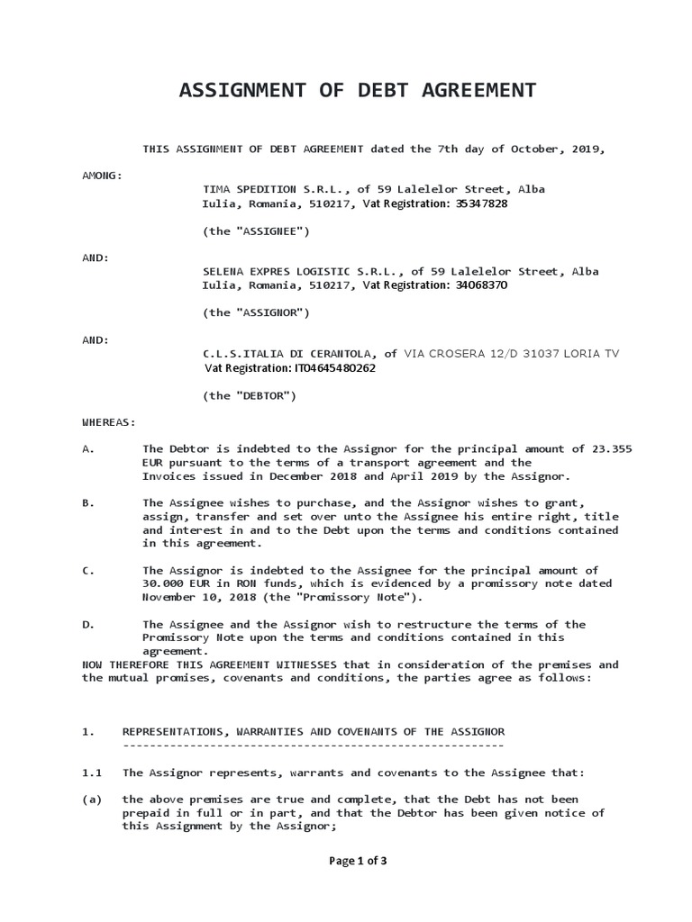 Assignment of Debt Agreement Cls | PDF | Assignment (Law) | Law And ...