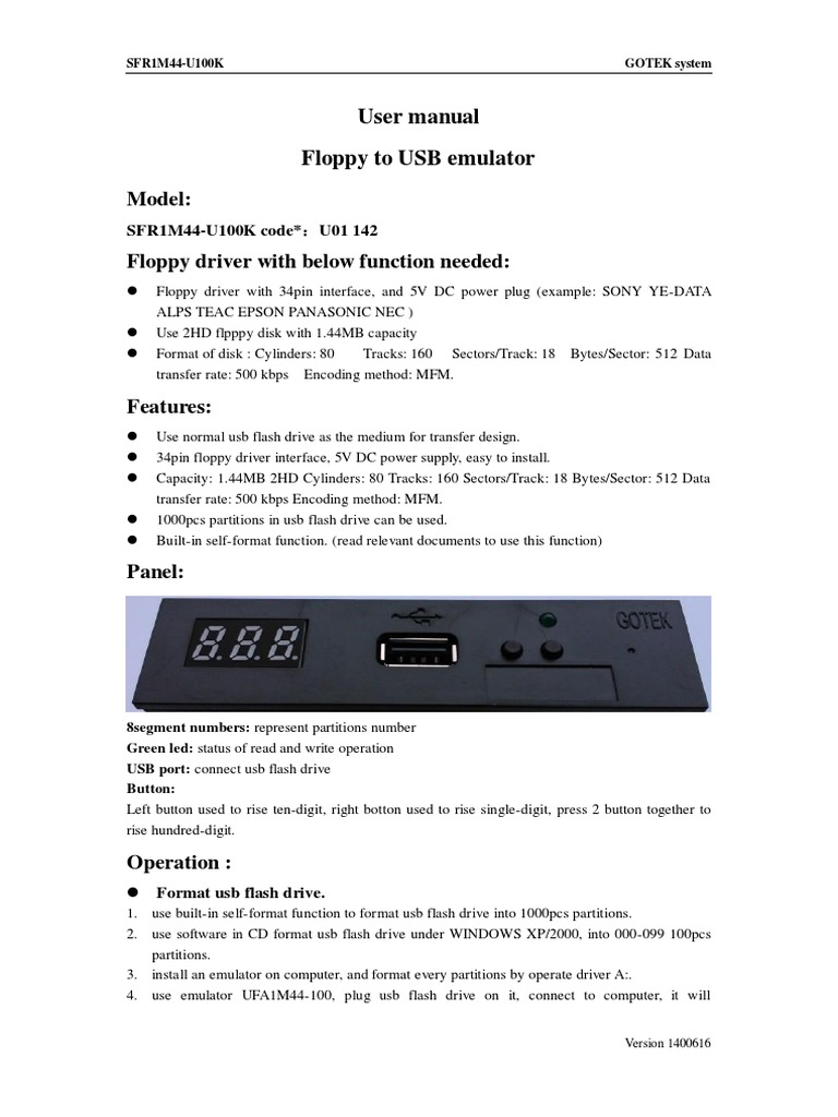 User Manual Floppy To USB Emulator Model PDF Floppy Disk Usb