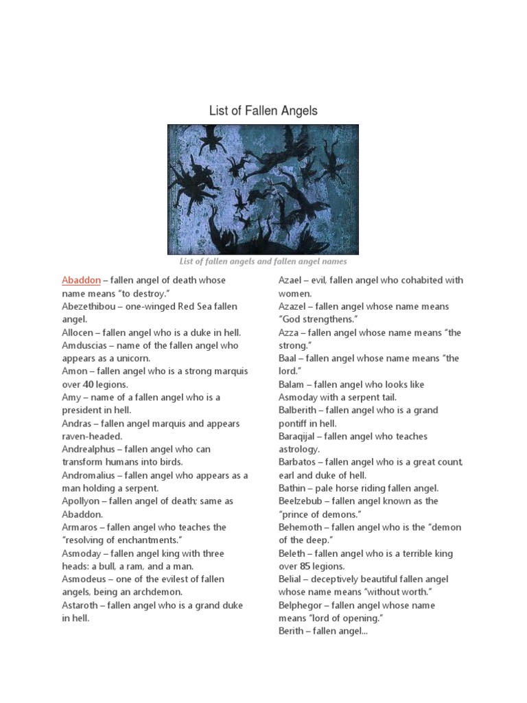 List of Fallen Angels and Fallen Angel Names PDF Fallen Angels Demons