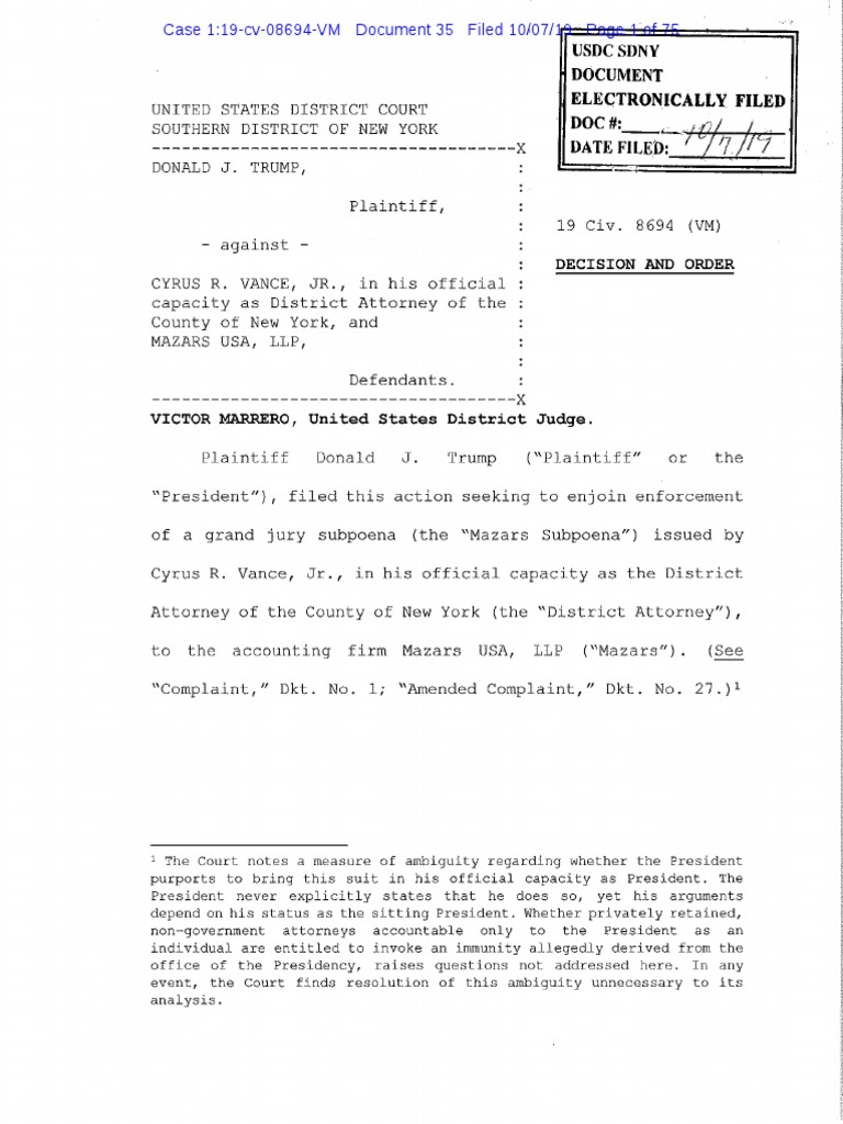 Trump v. Vance Et Al Order Supreme Court Case Law Lawsuit