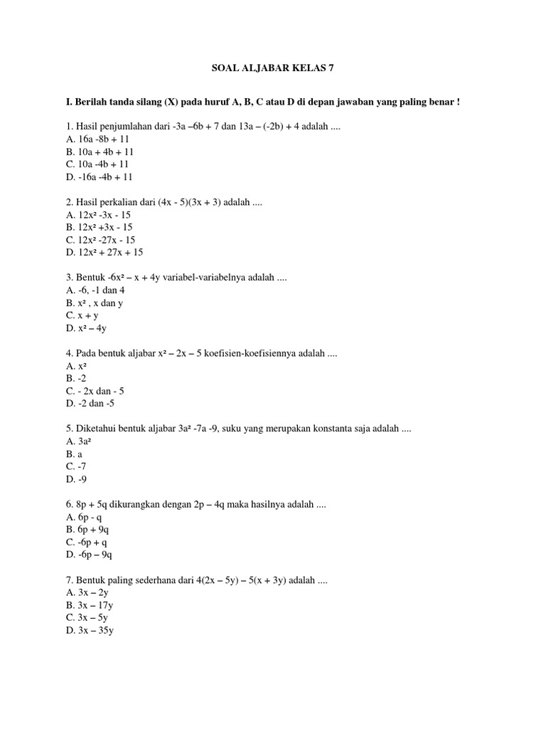 Soal Aljabar Kelas 7
